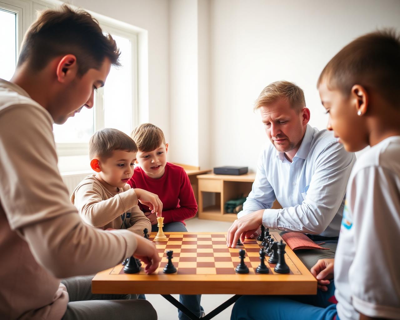 Chess coach teaching students around a chessboard